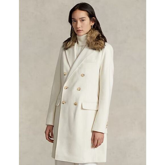 Ralph Lauren Fur Collar Double Breasted Parka Peacoat Long Overcoat 4 S White - Picture 6 of 11